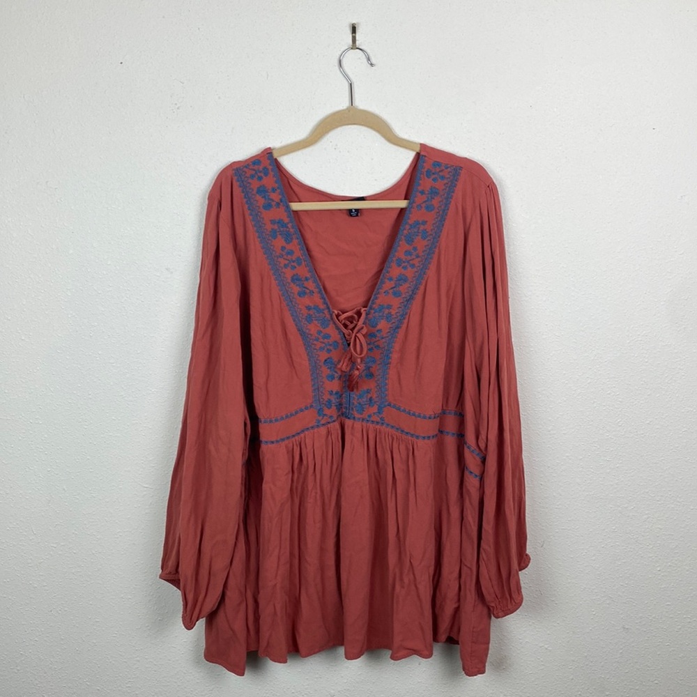 Torrid | Babydoll Rayon Crepe Embroidered Lace-Up Top 5X Plus